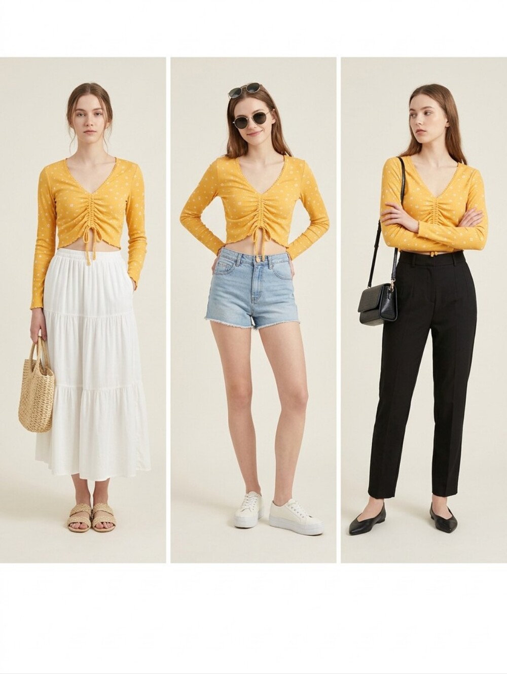 Forever 21 Mustard Yellow Long-Sleeve Ruched Crop Top